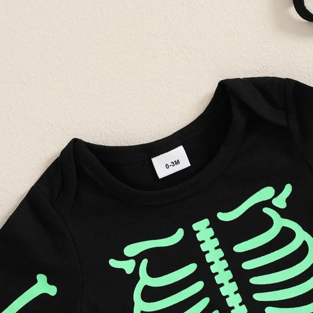 Baby Boys Girls Bat Glow in the Dark Skeleton Halloween Romper Jumpsuit Costume - Picture 4 of 7